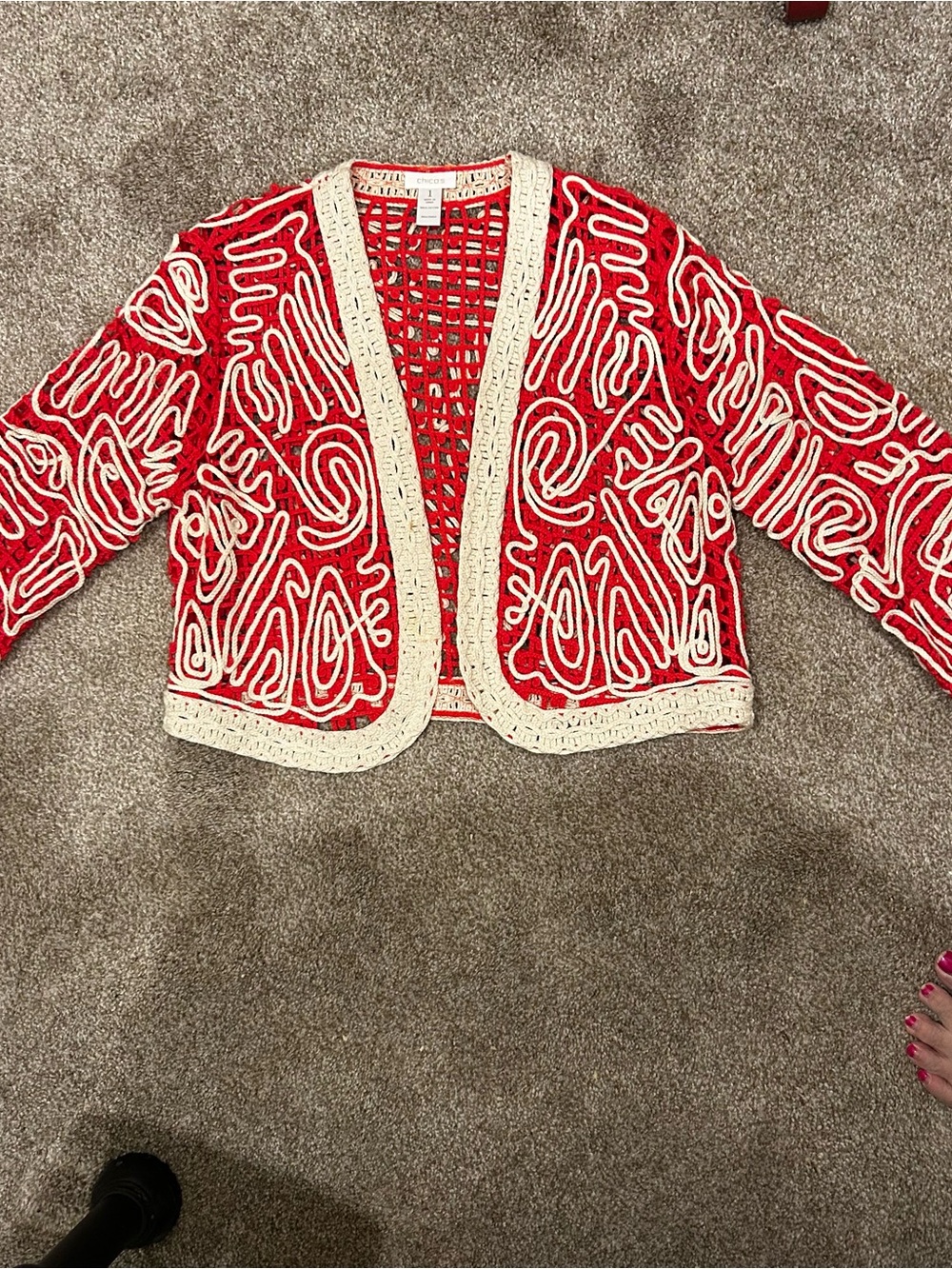 Chico's Red Crochet Openwork Top with Cream Accents size 1 - Picture 1 of 6